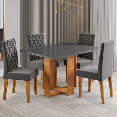 Mesa de Jantar 4 Lugares Afrodite Mel/Cinza/Veludo Cinza - Viero Móveis