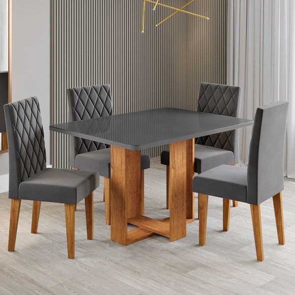 Mesa de Jantar 4 Lugares Afrodite Mel/Cinza/Veludo Cinza - Viero Móveis