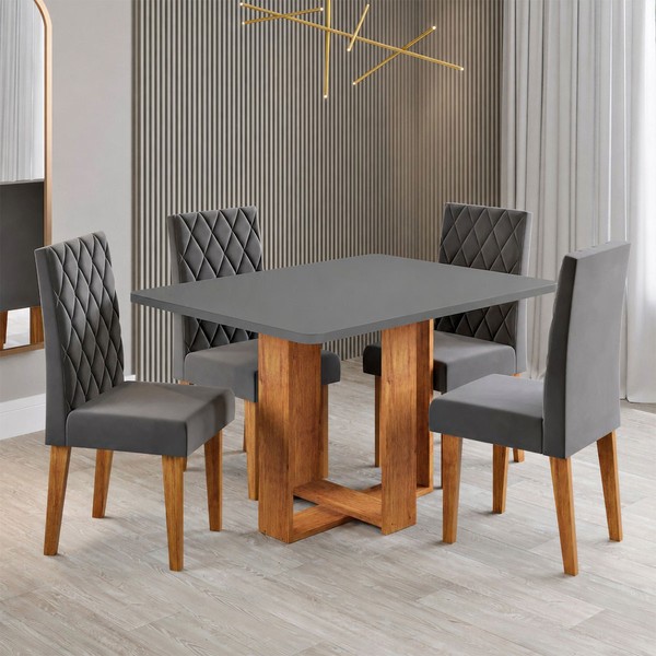 Mesa de Jantar 4 Lugares Afrodite Mel/Cinza/Veludo Cinza - Viero Móveis