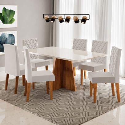 Mesa de Jantar 6 Lugares Antonella com Vidro Mel/Off White/Veludo Pastel - Viero Móveis