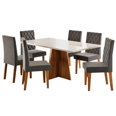 Mesa de Jantar 6 Lugares Antonella com Vidro Mel/Off White/Veludo Cinza - Viero Móveis