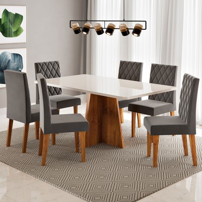 Mesa de Jantar 6 Lugares Antonella com Vidro Mel/Off White/Veludo Cinza - Viero Móveis