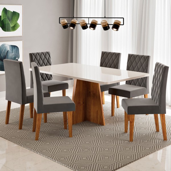 Mesa de Jantar 6 Lugares Antonella com Vidro Mel/Off White/Veludo Cinza - Viero Móveis