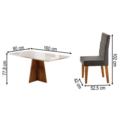 Mesa de Jantar 6 Lugares Antonella com Vidro Mel/Off White/Veludo Cinza - Viero Móveis