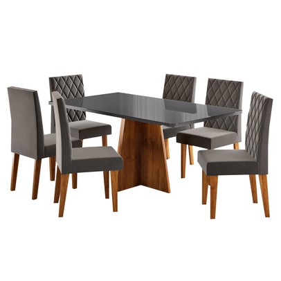 Mesa de Jantar 6 Lugares Antonella com Vidro Mel/Grafite/Veludo Cinza - Viero Móveis