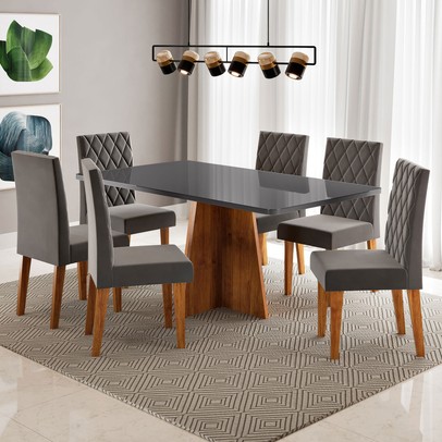 Mesa de Jantar 6 Lugares Antonella com Vidro Mel/Grafite/Veludo Cinza - Viero Móveis
