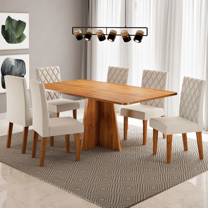 Mesa de Jantar 6 Lugares Antonella Mel/Veludo Pastel - Viero Móveis