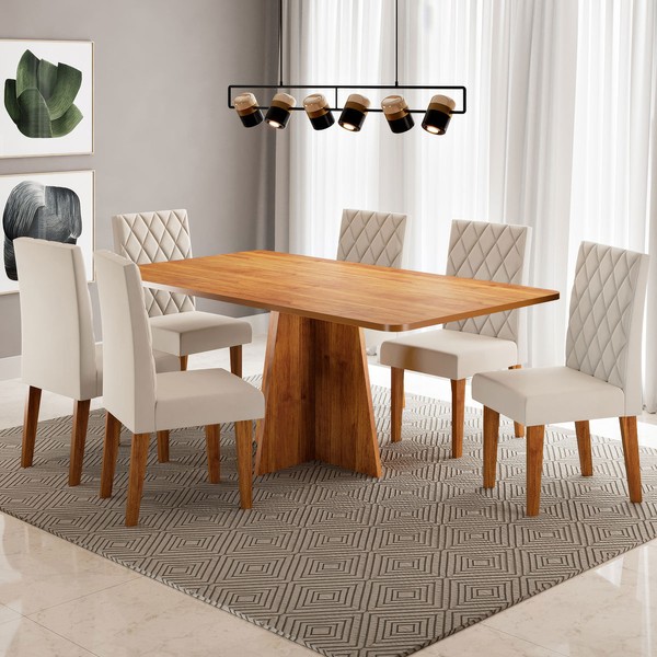 Mesa de Jantar 6 Lugares Antonella Mel/Veludo Pastel - Viero Móveis