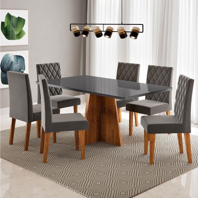 Mesa de Jantar 6 Lugares Antonella Mel/Cinza/Veludo Cinza - Viero Móveis