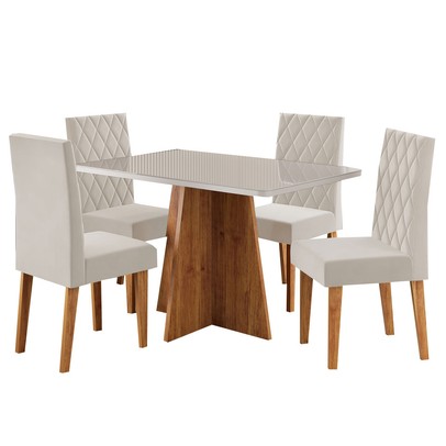 Mesa de Jantar 4 Lugares Antonella com Vidro Mel/Off White/Veludo Pastel - Viero Móveis