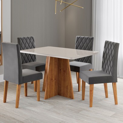 Mesa de Jantar 4 Lugares Antonella com Vidro Mel/Off White/Veludo Cinza - Viero Móveis