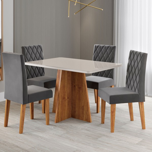 Mesa de Jantar 4 Lugares Antonella com Vidro Mel/Off White/Veludo Cinza - Viero Móveis