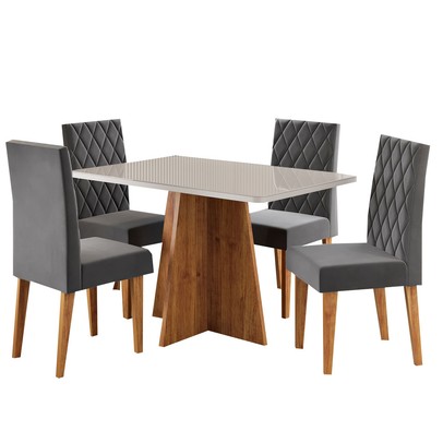 Mesa de Jantar 4 Lugares Antonella com Vidro Mel/Off White/Veludo Cinza - Viero Móveis