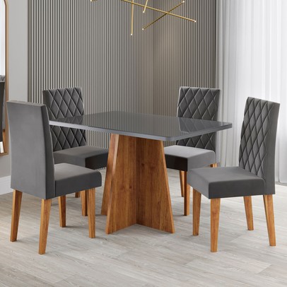 Mesa de Jantar 4 Lugares Antonella com Vidro Mel/Grafite/Veludo Cinza - Viero Móveis