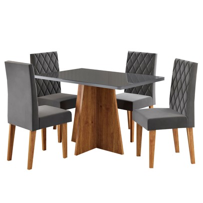 Mesa de Jantar 4 Lugares Antonella com Vidro Mel/Grafite/Veludo Cinza - Viero Móveis