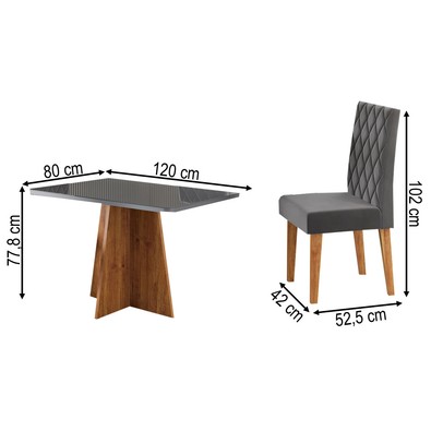 Mesa de Jantar 4 Lugares Antonella com Vidro Mel/Grafite/Veludo Cinza - Viero Móveis