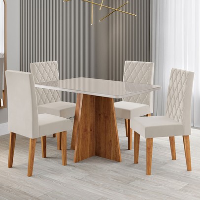 Mesa de Jantar 4 Lugares Antonella Mel/Blonde/Veludo Pastel - Viero Móveis