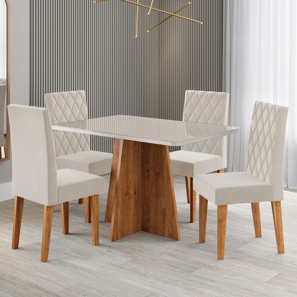 Mesa de Jantar 4 Lugares Antonella Mel/Blonde/Veludo Pastel - Viero Móveis