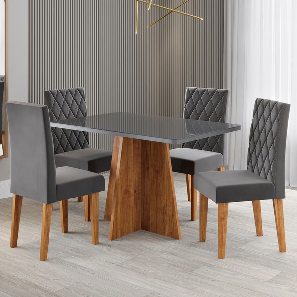 Mesa de Jantar 4 Lugares Antonella Mel/Cinza/Veludo Cinza - Viero Móveis