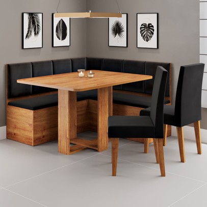 Canto Alemão Victor com 2 Cadeiras Mel/Veludo Preto - Viero Móveis