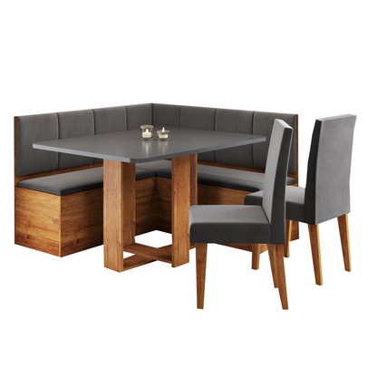 Canto Alemão Victor com 2 Cadeiras Mel/Cinza/Veludo Cinza - Viero Móveis