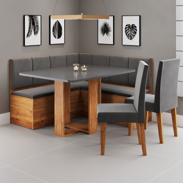 Canto Alemão Victor com 2 Cadeiras Mel/Cinza/Veludo Cinza - Viero Móveis