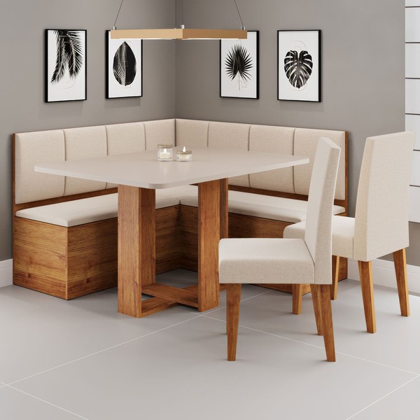 Canto Alemão Victor com 2 Cadeiras Mel/Blonde/Linho Bronze - Viero Móveis