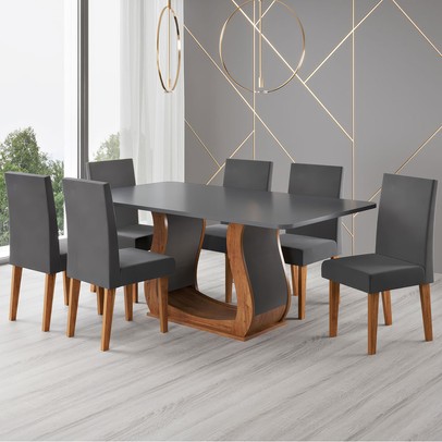 Mesa de Jantar 6 Lugares Amarena Mel/Cinza/Veludo Cinza - Viero Móveis