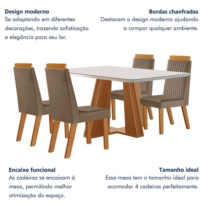 Mesa de Jantar 4 Lugares Madri com Vidro Castanho/Cinamomo/Suede Capuccino - Lj Móveis
