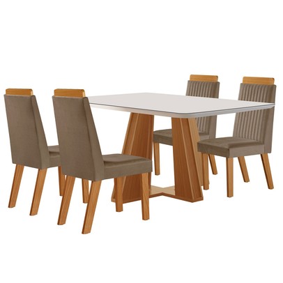 Mesa de Jantar 4 Lugares Madri com Vidro Castanho/Cinamomo/Suede Capuccino - Lj Móveis