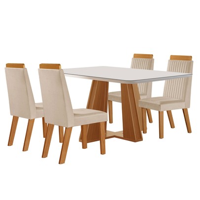 Mesa de Jantar 4 Lugares Madri com Vidro Castanho/Cinamomo/Suede Creme - Lj Móveis