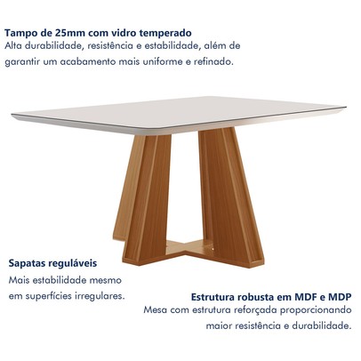 Mesa de Jantar 4 Lugares Madri com Vidro Castanho/Cinamomo/Suede Creme - Lj Móveis