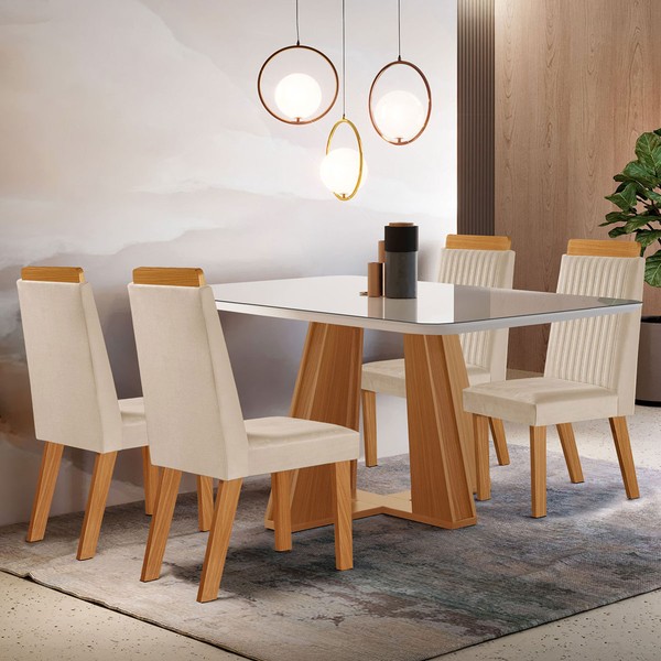 Mesa de Jantar 4 Lugares Madri com Vidro Castanho/Cinamomo/Suede Creme - Lj Móveis