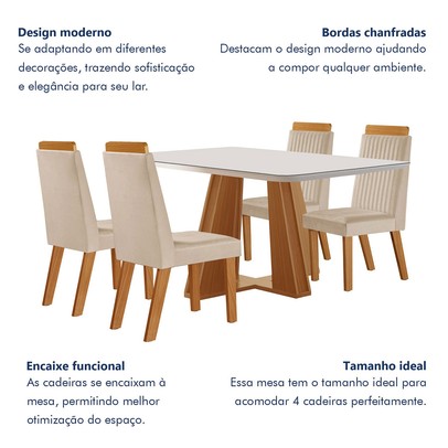 Mesa de Jantar 4 Lugares Madri com Vidro Castanho/Cinamomo/Suede Creme - Lj Móveis