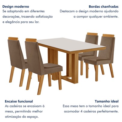 Mesa de Jantar 4 Lugares Lottus com Vidro Castanho/Cinamomo/Suede Capuccino - Lj Móveis