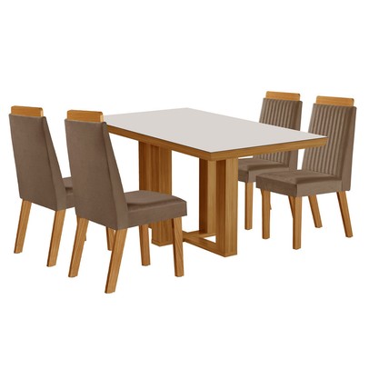 Mesa de Jantar 4 Lugares Lottus com Vidro Castanho/Cinamomo/Suede Capuccino - Lj Móveis