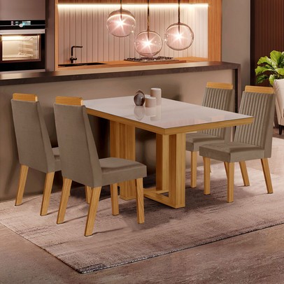 Mesa de Jantar 4 Lugares Lottus com Vidro Castanho/Cinamomo/Suede Capuccino - Lj Móveis