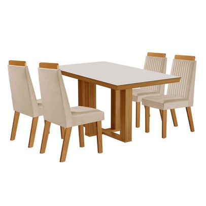 Mesa de Jantar 4 Lugares Lottus com Vidro Castanho/Cinamomo/Suede Creme - Lj Móveis