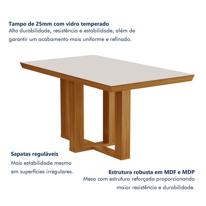Mesa de Jantar 4 Lugares Lottus com Vidro Castanho/Cinamomo/Suede Creme - Lj Móveis