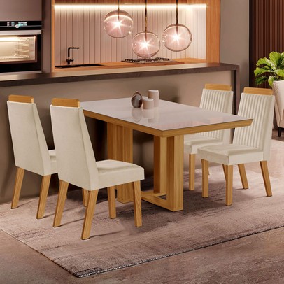 Mesa de Jantar 4 Lugares Lottus com Vidro Castanho/Cinamomo/Suede Creme - Lj Móveis