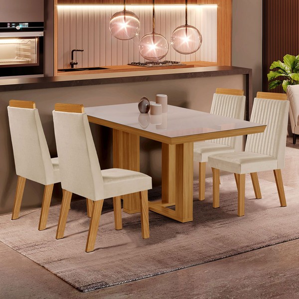 Mesa de Jantar 4 Lugares Lottus com Vidro Castanho/Cinamomo/Suede Creme - Lj Móveis