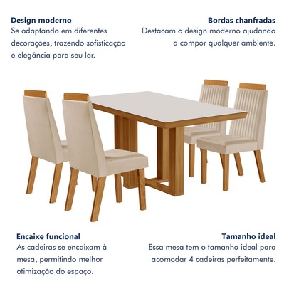 Mesa de Jantar 4 Lugares Lottus com Vidro Castanho/Cinamomo/Suede Creme - Lj Móveis