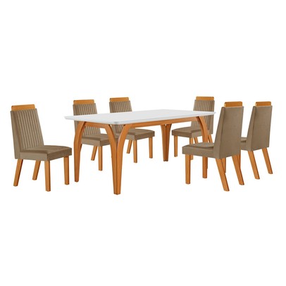 Mesa de Jantar 4 Lugares Agata com Vidro Castanho/Cinamomo/Suede Capuccino - Lj Móveis