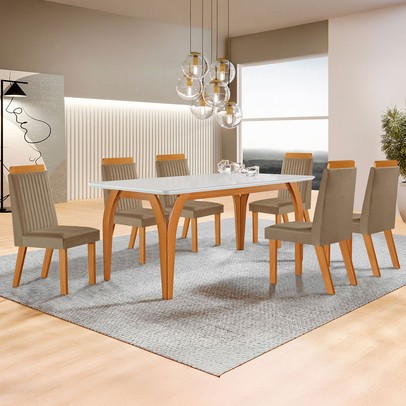 Mesa de Jantar 4 Lugares Agata com Vidro Castanho/Cinamomo/Suede Capuccino - Lj Móveis