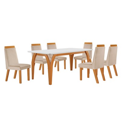 Mesa de Jantar 4 Lugares Agata com Vidro Castanho/Cinamomo/Suede Creme - Lj Móveis