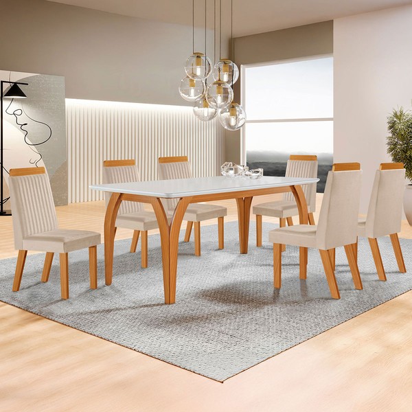 Mesa de Jantar 4 Lugares Agata com Vidro Castanho/Cinamomo/Suede Creme - Lj Móveis