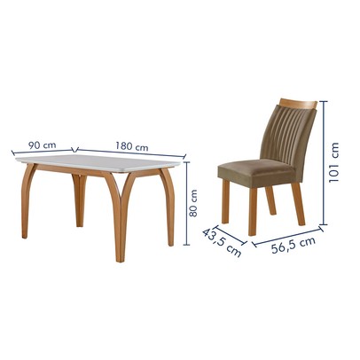 Mesa de Jantar 6 Lugares Agata com Vidro Castanho/Cinamomo/Suede Capuccino - Lj Móveis