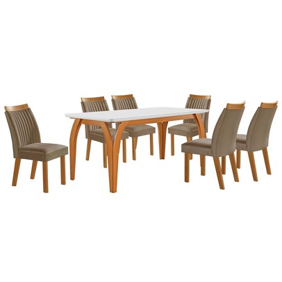 Mesa de Jantar 6 Lugares Agata com Vidro Castanho/Cinamomo/Suede Capuccino - Lj Móveis