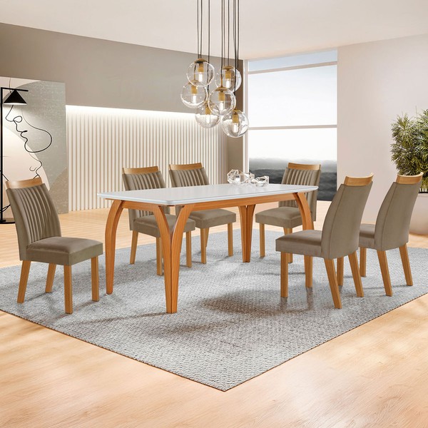 Mesa de Jantar 6 Lugares Agata com Vidro Castanho/Cinamomo/Suede Capuccino - Lj Móveis
