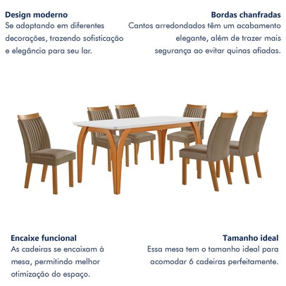 Mesa de Jantar 6 Lugares Agata com Vidro Castanho/Cinamomo/Suede Capuccino - Lj Móveis
